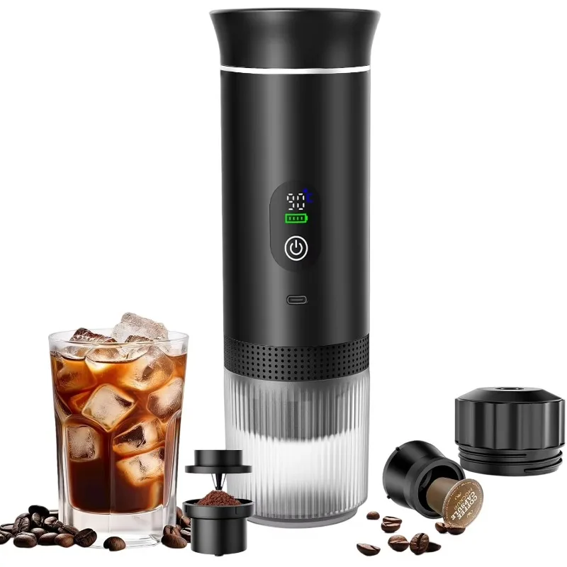 Electric Travel Espresso Machine Heating Water Portable Coffee Maker Compatible with Ground Coffee Small Large Capsules