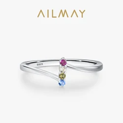 Ailmay Real 925 Sterling Silver Dazzling Rainbow CZ Geometric Design Finger Ring For Women Female Wedding Statement Jewelry Gift