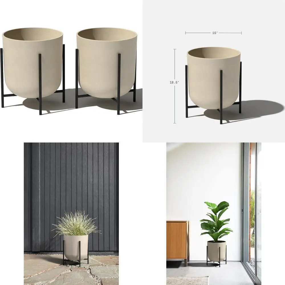 

Raised Round Patio Balcony Planter - Plastic Stone Composite with Metal Stand | Modern Elevated Garden Pot