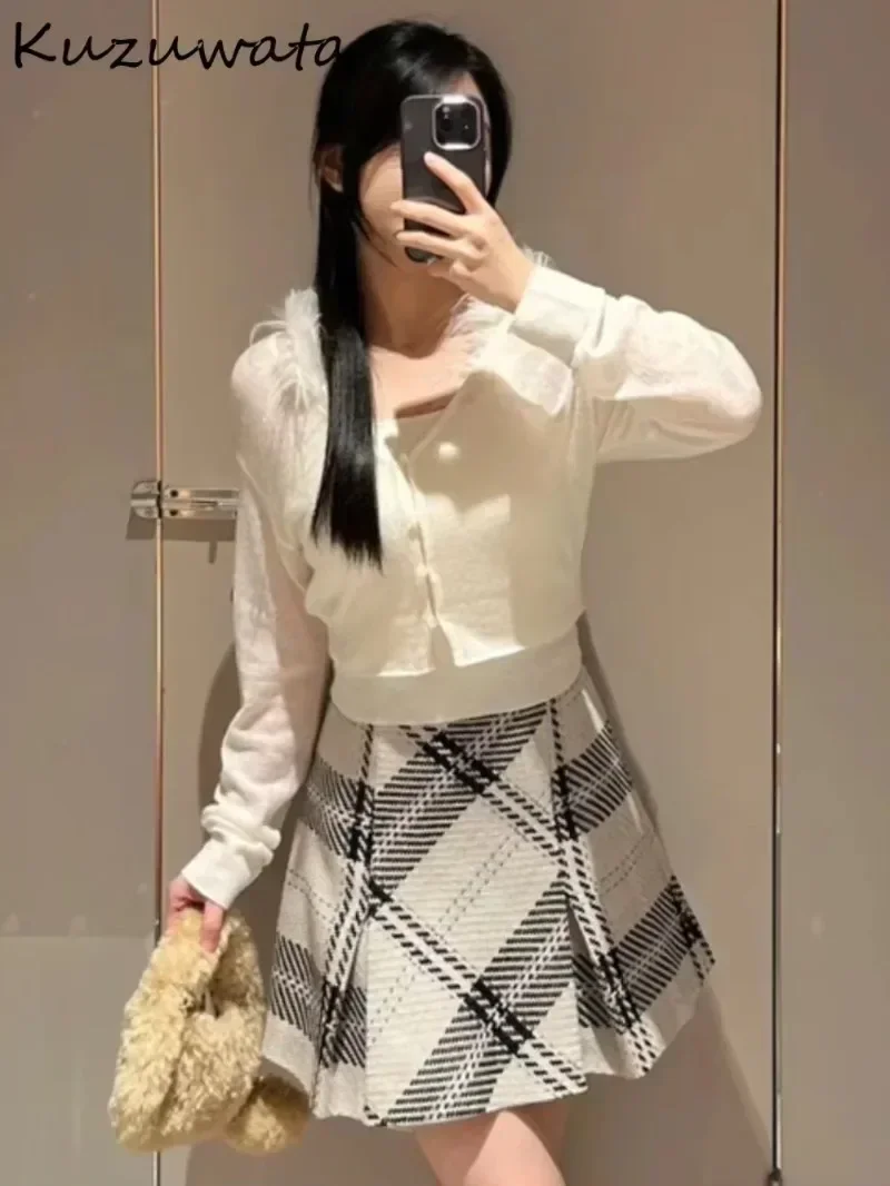 Kuzuwata New Vintage A-line Ruched Plaid Skirt High Waist All-match Wool Tweed Falda Japan Slim Minority Office Lady Mujer Falda