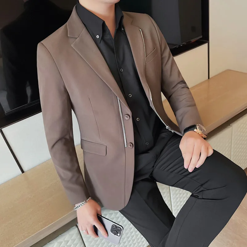 High-quality Zipper Men Blazers 2024 Spring Business Casual Suit Jacket Slim Office Social Dress Coat Wedding Groom Men Clothing