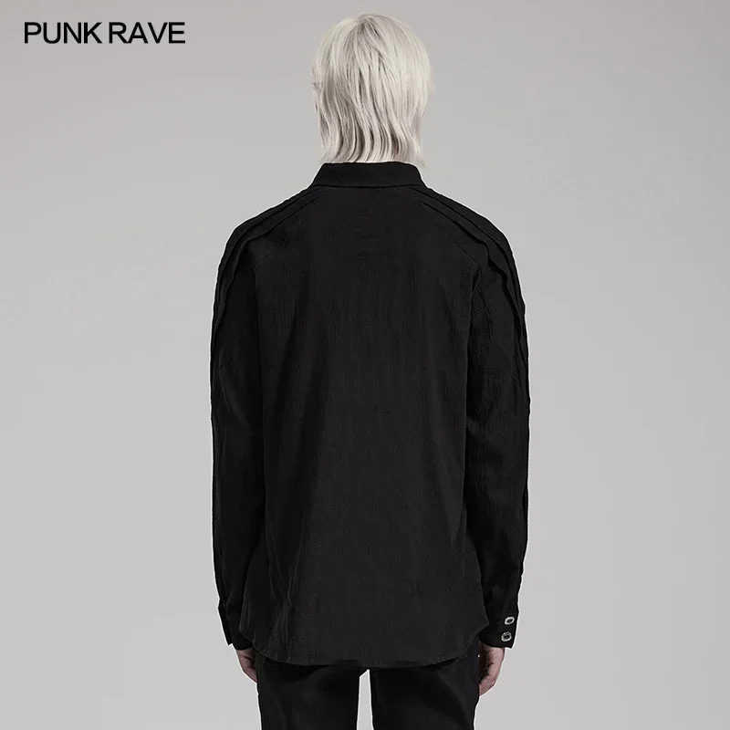 PUNK RAVE Men\'s Gothic Crinkled Shirt Exquisite Hand-sewn Buckle Pleats Shoulders Design Casual Tops Men Clothing