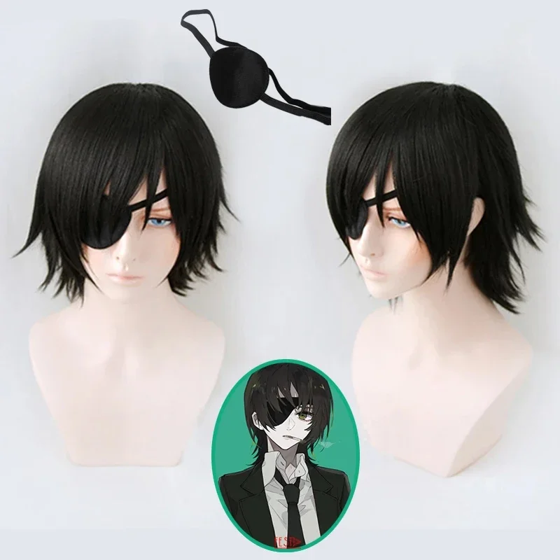 Himeno Wig Chainsaw Man Black Short Fluffy Layered Synthetic Hair With Eyes Patch Heat Resistant Costume Party Play + Wig Cap