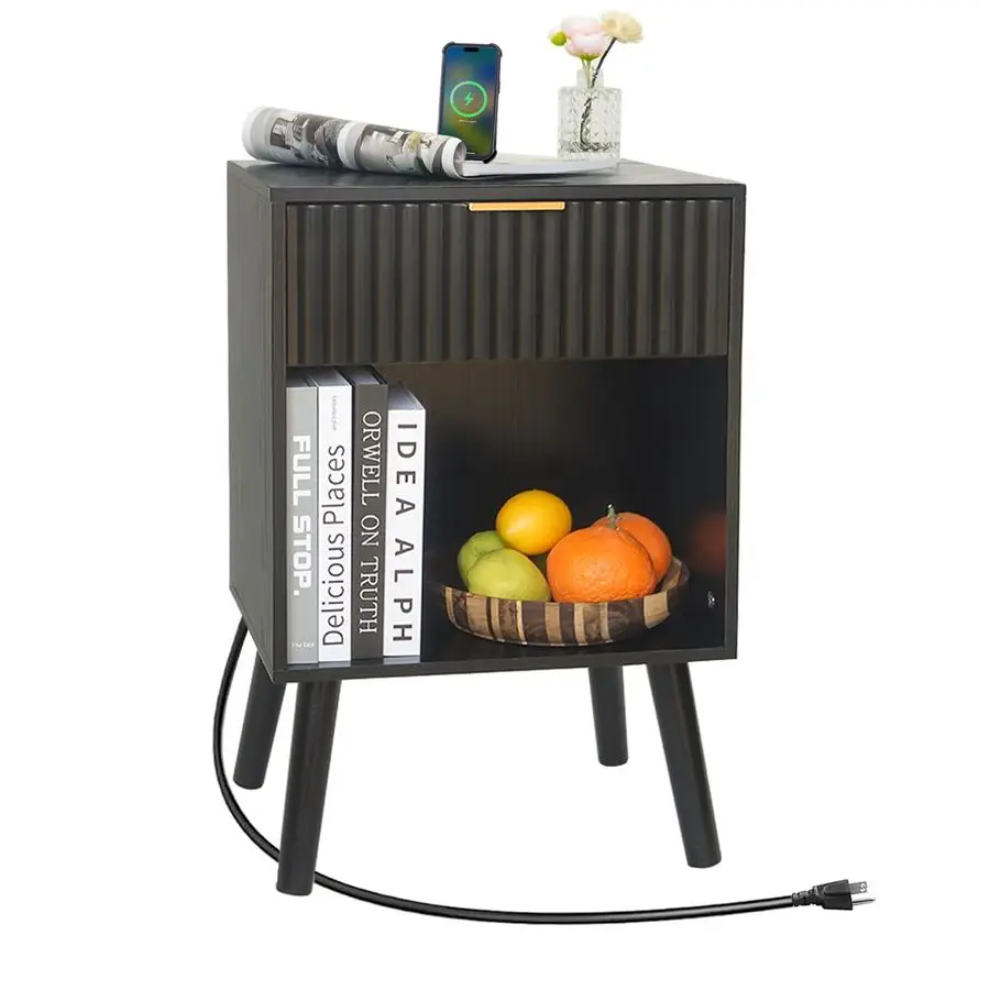 

Черная тумбочка с зарядной станцией, современная прикроватная тумбочка середины века с ящиками и розеткой, прикроватные тумбочки для гостиной, деревянные