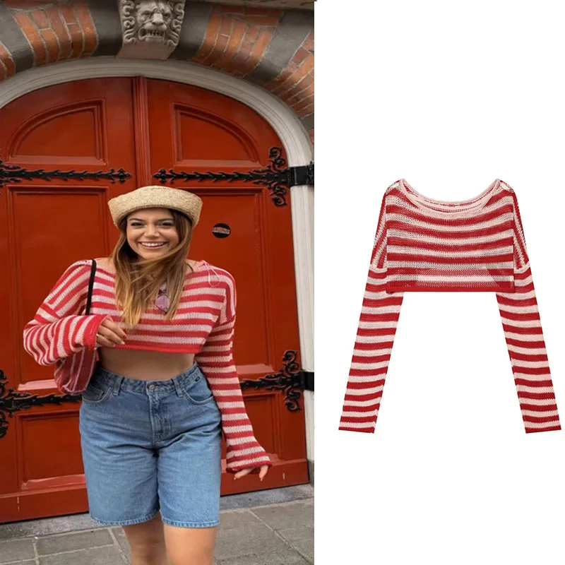 Nouveau pull en maille ajourée à manches longues été 2026, pull court rayé pour femme, style tendance et à la mode