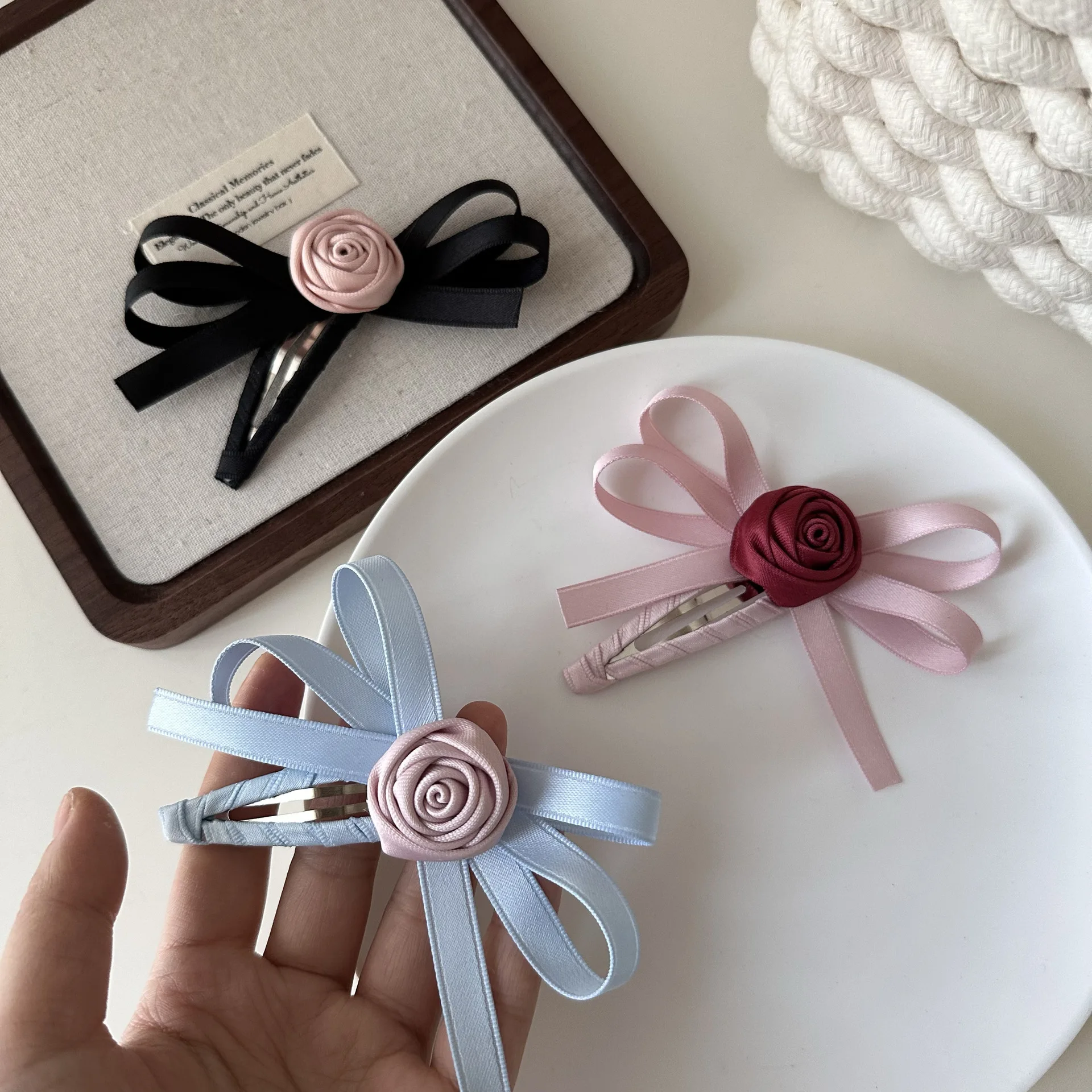 Süße Haarspangen für Damen, Schleife, Rose, Haarspange, Pony, Haarspange, Band, BB-Clip, Kawaii-Haar-Accessoires, süßer Stil, Schleife, Haarspange