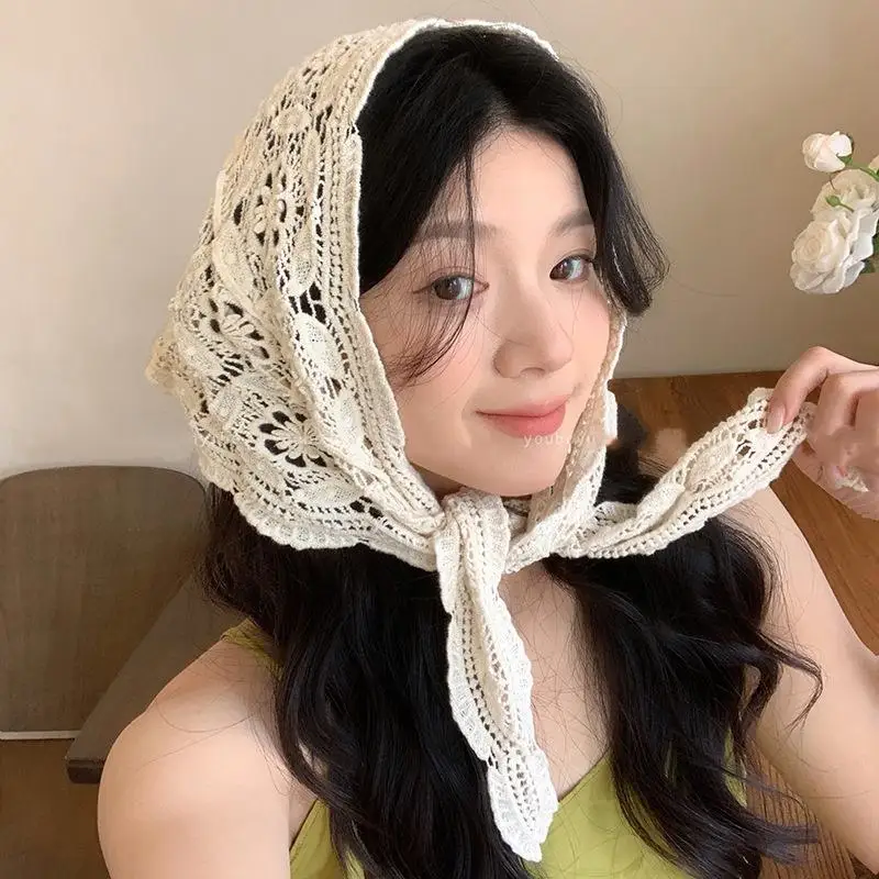 

Retro Handmade Crochet Hollow Scarf For Women Triangle Headscarf Summer Lace Floral Neckerchief Travel Literary Photo Headband