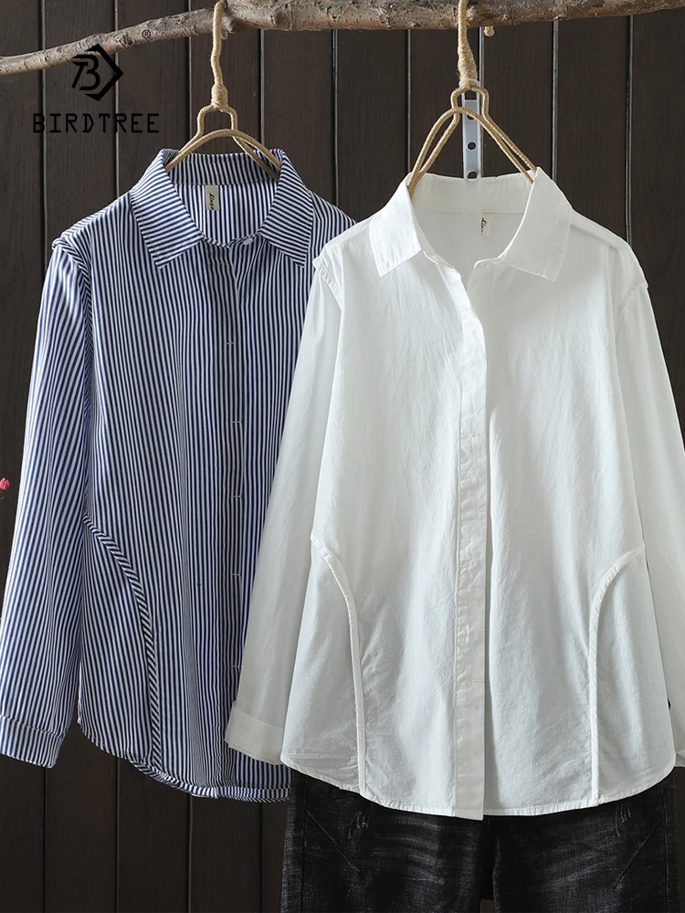 

New 2025 Autumn Cotton Long Sleeve Shirt, Women Turn-down Collar Striped, Mori Girl French Retro Casual Loose Blouse T58256CC