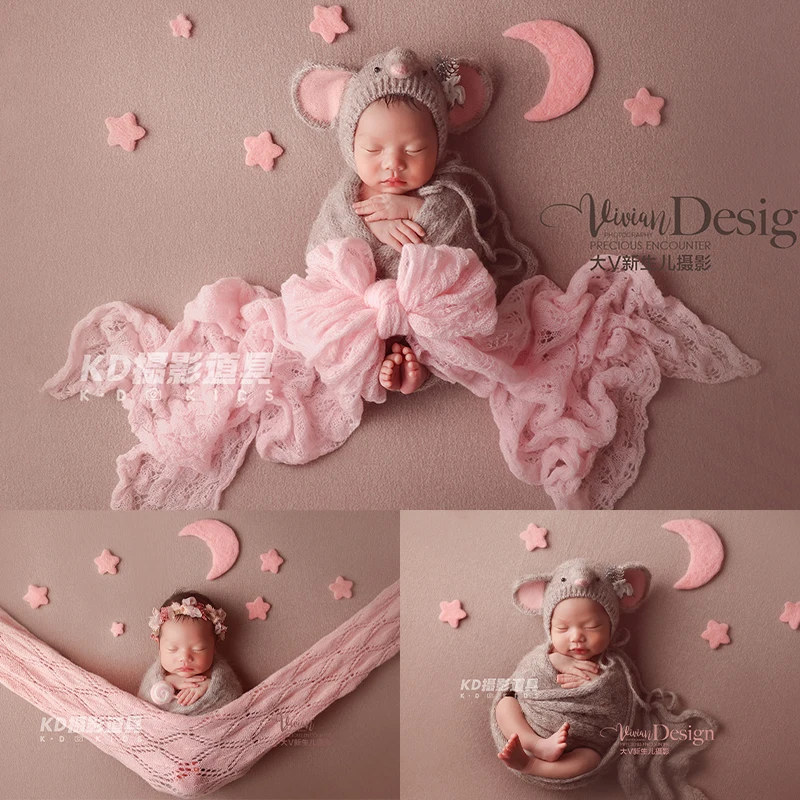 

Animal Theme Newborn Photography Outfit Cute Elephant Hat Bunny Toy and Pink Knit Blanket Professional Newborn Photography Props