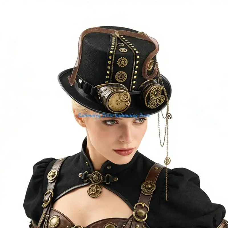 573B Hat Zipper Metal Chain Gothic Hat Gothic Costume Headpiece for Party