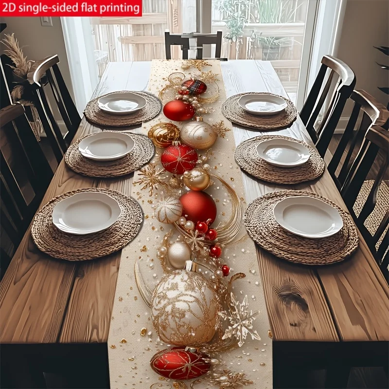 VIKAMA Table Runner Decor Gold Red White Bauble Snowflake Dining Table Runner Holiday Dinner Party Family Gathering Winter