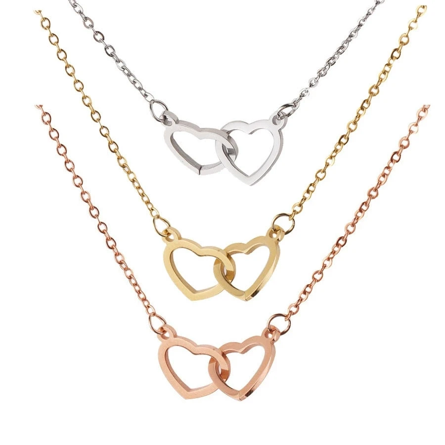 

Exquisite stainless steel double heart necklace with heart shape interlocking double ring pendant collarbone chain 48cm