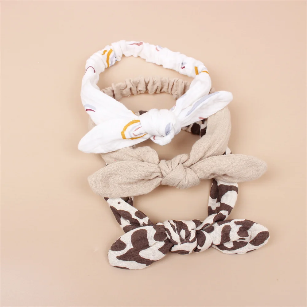 3Pcs/Set Solid Muslin Cotton Baby Headband Elastic Rabbit Ear Hair Band Infant Girl Turban Headwraps Stretch Accessories