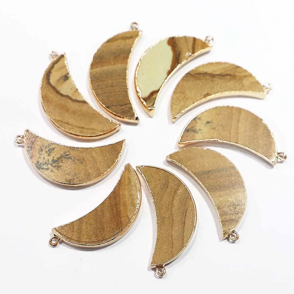 Natural Stone Multi-color Moon Pendant Gold-edged Crescent Charm Necklace DIY Fashion Creative Jewelry Making Wholesale 5Pcs/Lot