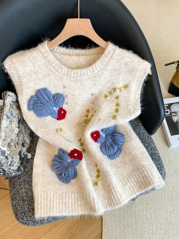 

Женский зимний вязаный свитер с вышивкой Goldfi, жилет в стиле панк, топ на бретелях с крючками и цветком, 3D сращивание