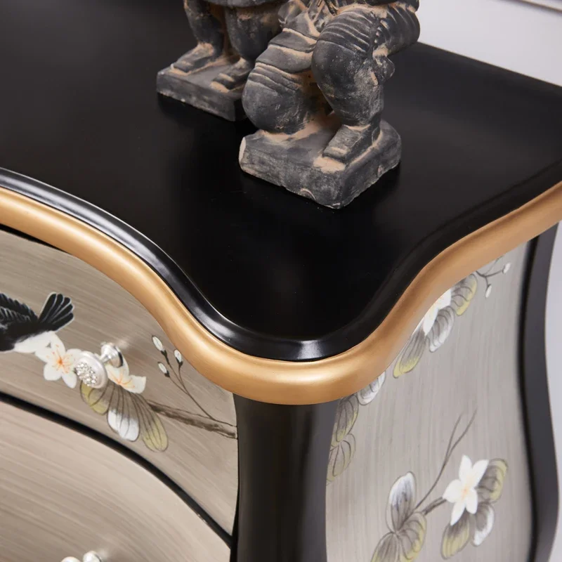 

Cabinet for Living Room Foyer, Silver Foil Hand - painted Flowers and Birds, Classic Natural - color Decoration