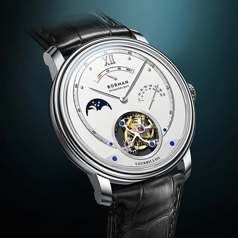 BORMAN Brand Luxury Men Mechanical Watch Seagull ST8007 Movement Men Watch Sapphire Glass Moon Phase Multifunctional Watches