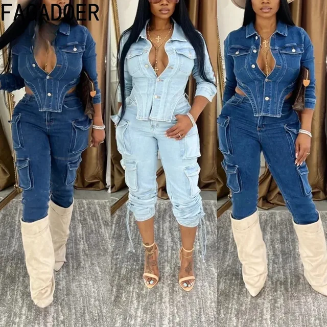FAGADOER Retro Denim 2-częściowe zestawy damskie Guziki Nieregularna kurtka i kieszenie Cargo Jeans Garnitur Kobieta Streetwear Nowy