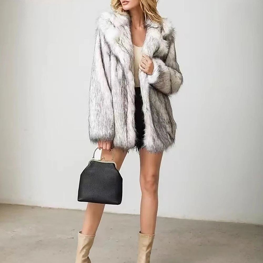 Casaco de pele solto feminino casual quente lapela de lã casaco de pele de raposa simulação grande casaco outono inverno moda outerwear