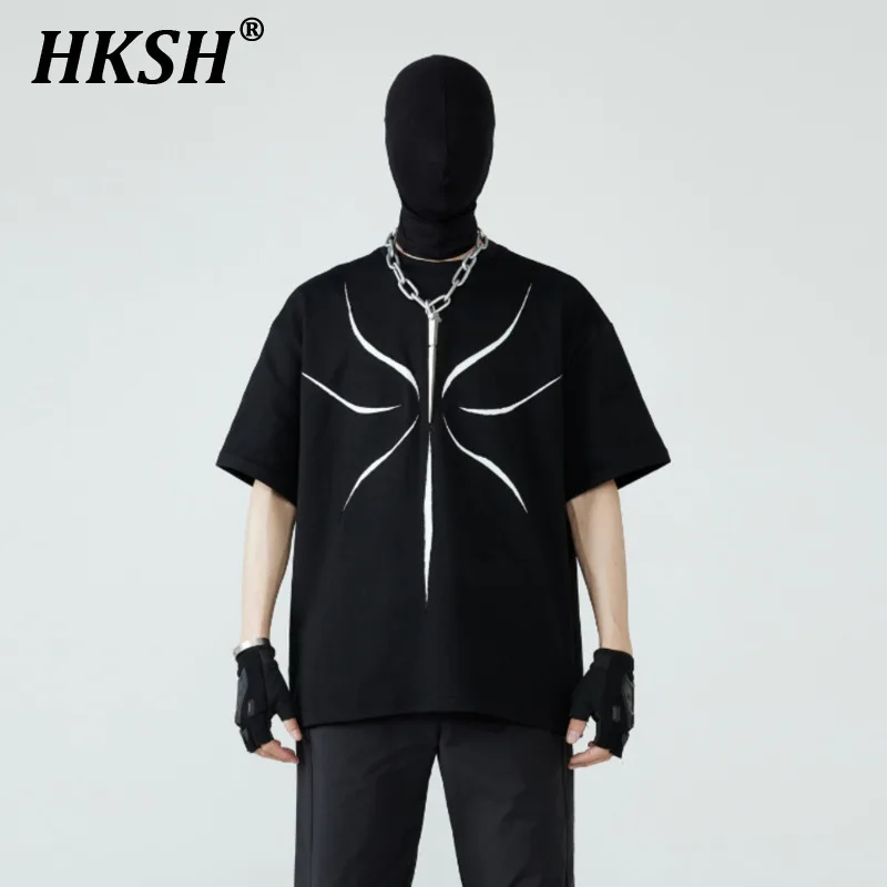 HKSH Summer New Double-layer Hollowed Out Contrasted Color Patchwork Basic Black Short Sleeve T-shirt Dark Punk Chic Tops HK1554