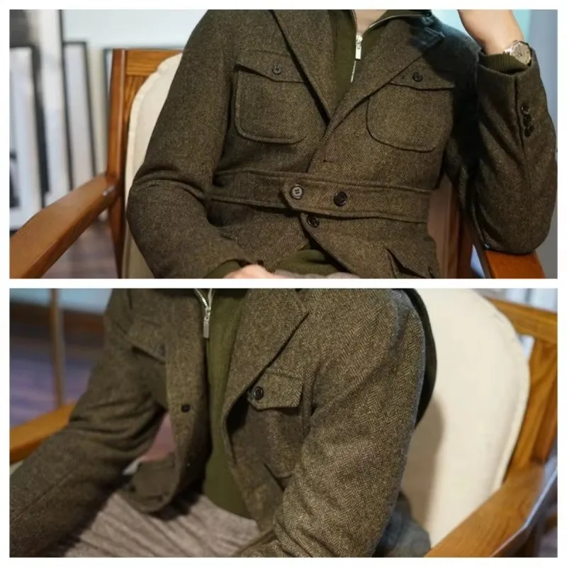 

Hi, Sir.Suit Men's Classic Herringbone Tweed Hunting Jackets Blazer Three Buttons Sport Coats Wool Blend Coat with Four Pockets