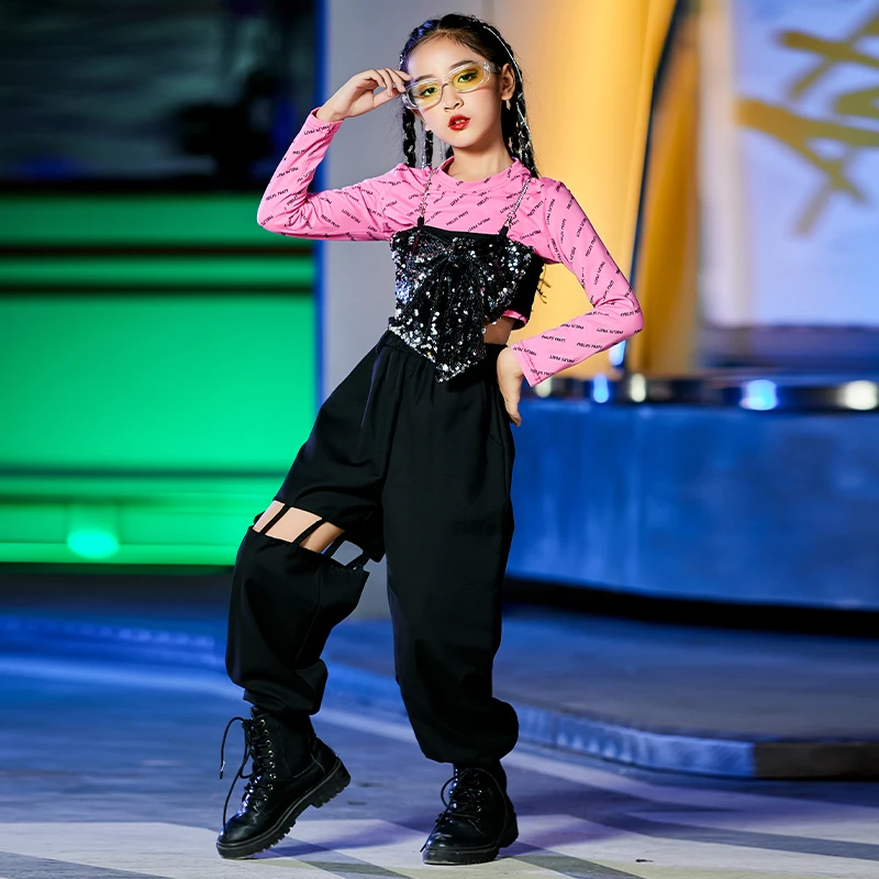 Bambini HipHop Jazz Performance costumi ragazze Street Dance abbigliamento top rosa gilet con paillettes pantaloni neri abiti da Festival DWY7255