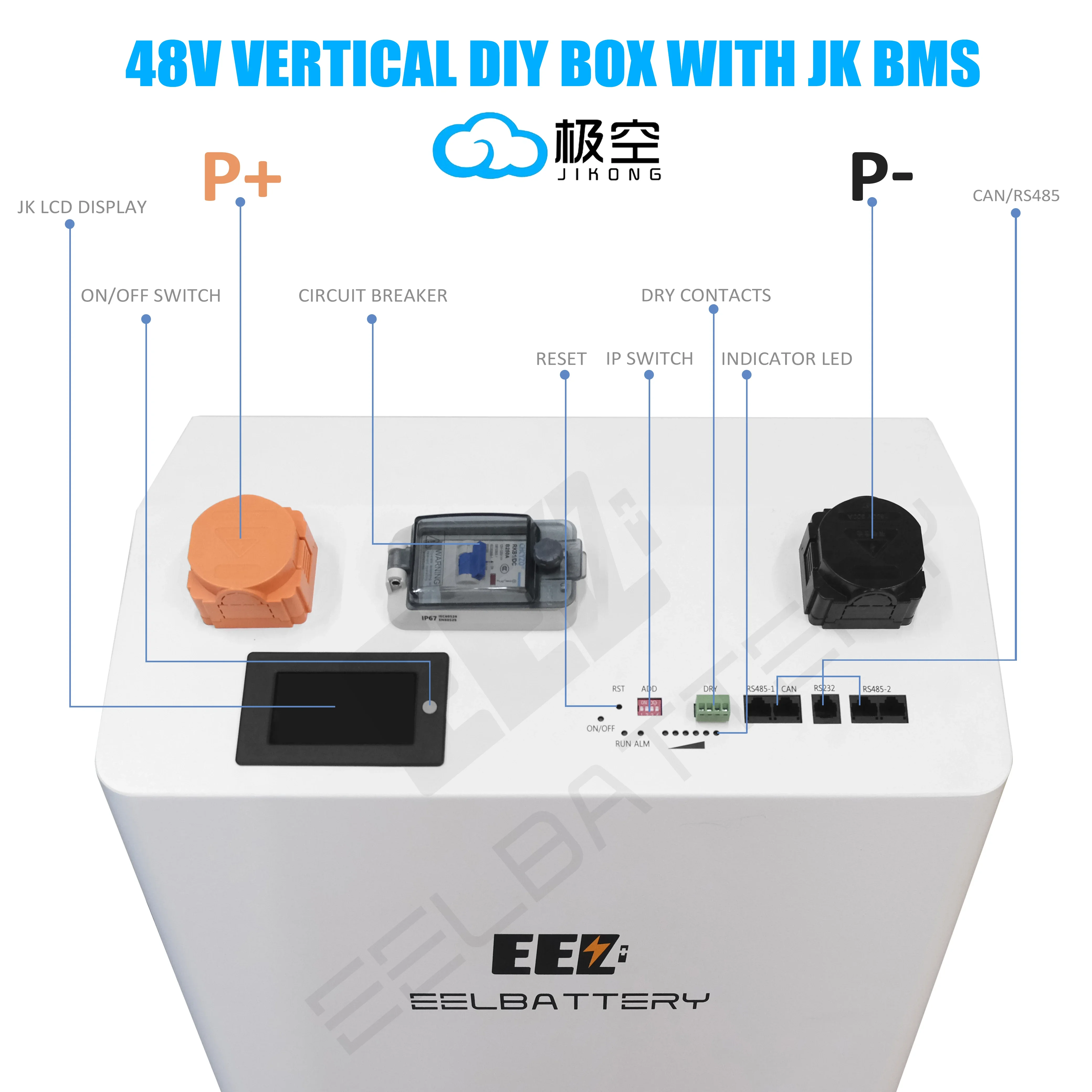 EEL 51.2v vertical 280Ah Lifepo4 Battery Box Lithium Home Solar System Battery 48V JK DIY kits  With 16S 200A Bms Battery Case