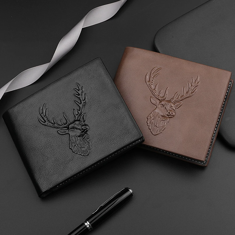 

Men's Fashionable PU Leather Double Folding Wallet with 3D Embossed Deer Head Pattern Short Wallet