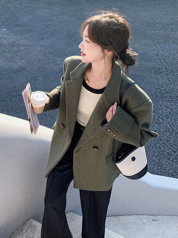 Zoki Streetwear Retro Women Faux Woolen Blazer Coat Harajuku Simple Solid Jacket Casual Korean Long Sleeve All Match Outwear