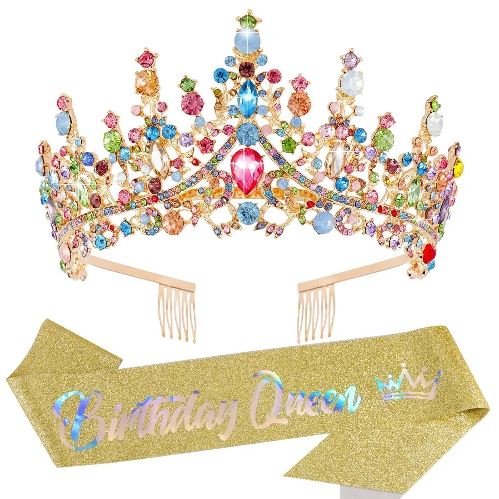 Colourful crystal Birthday Queen tiara crown with headband and sash
