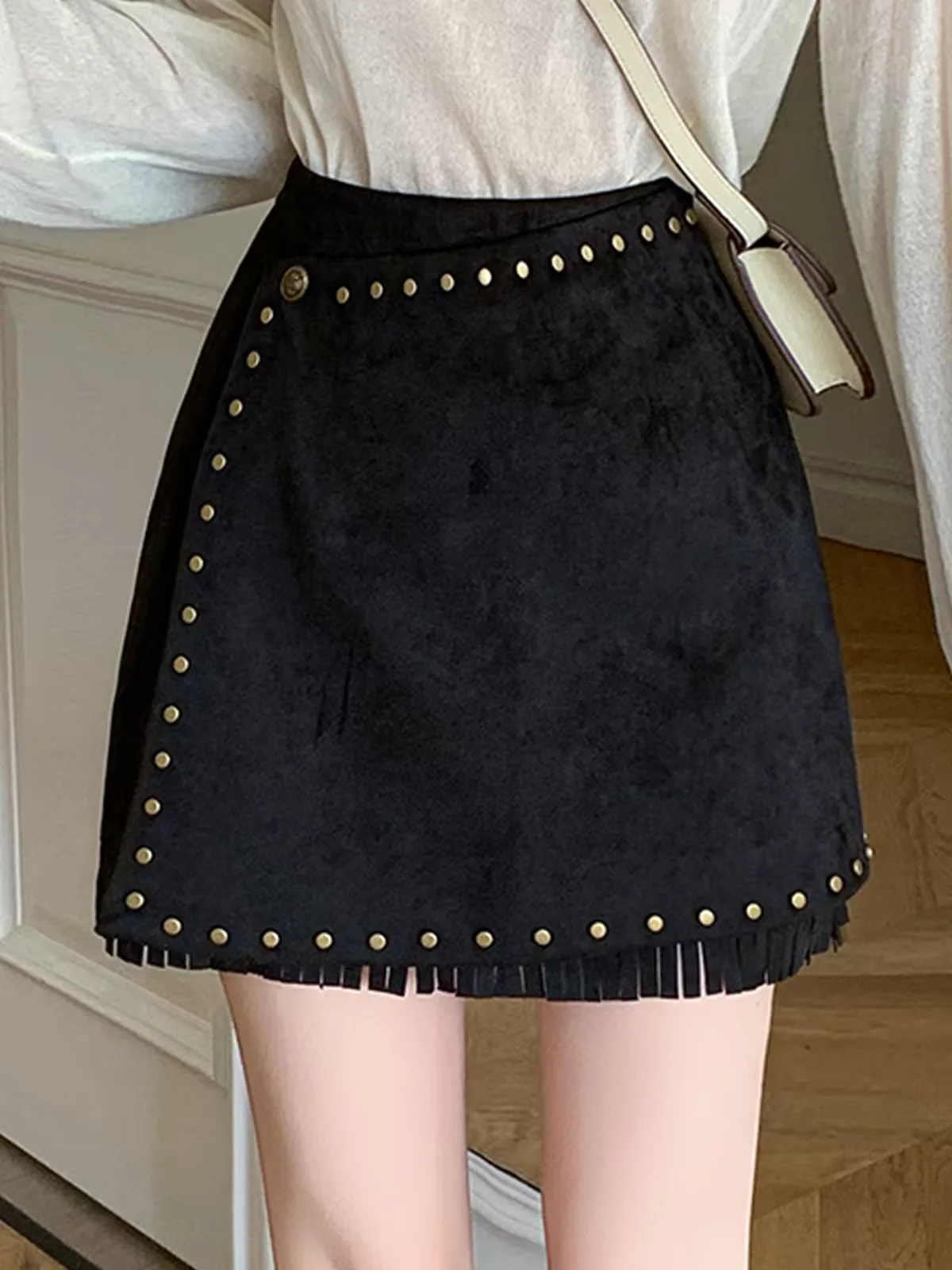 Retro Heavy Studded Suede Fringe Skirt for Women Fall Winter High-Waist Plus Size Tummy Control Slimming A-Line Mini Skirts