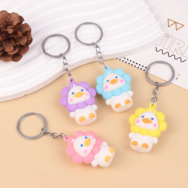 Cartoon PVC Upset Duck Keychain Pendant Decoration Car Bag Sunflower Duck Doll Keyring Pendant Small Gift For Children