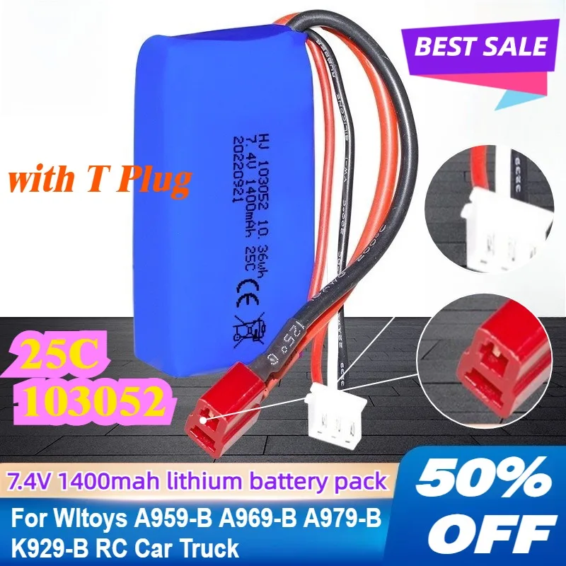 

7.4V 1400mAh 2S Lipo Battery 25C 103052 Battery for Wltoys A959-B A969-B A979-B K929-B RC Car Truck Spare Parts with T Plug