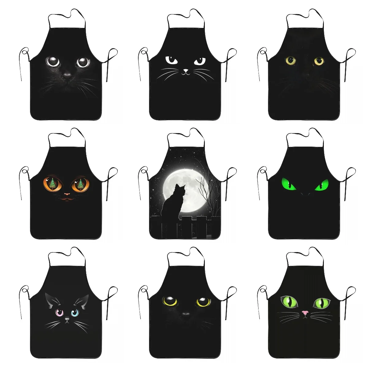 Custom Bib Black Cat Moon Aprons for Men Women Unisex Adult Chef Kitchen Cooking Animal Cartoon Tablier Cuisine Painting