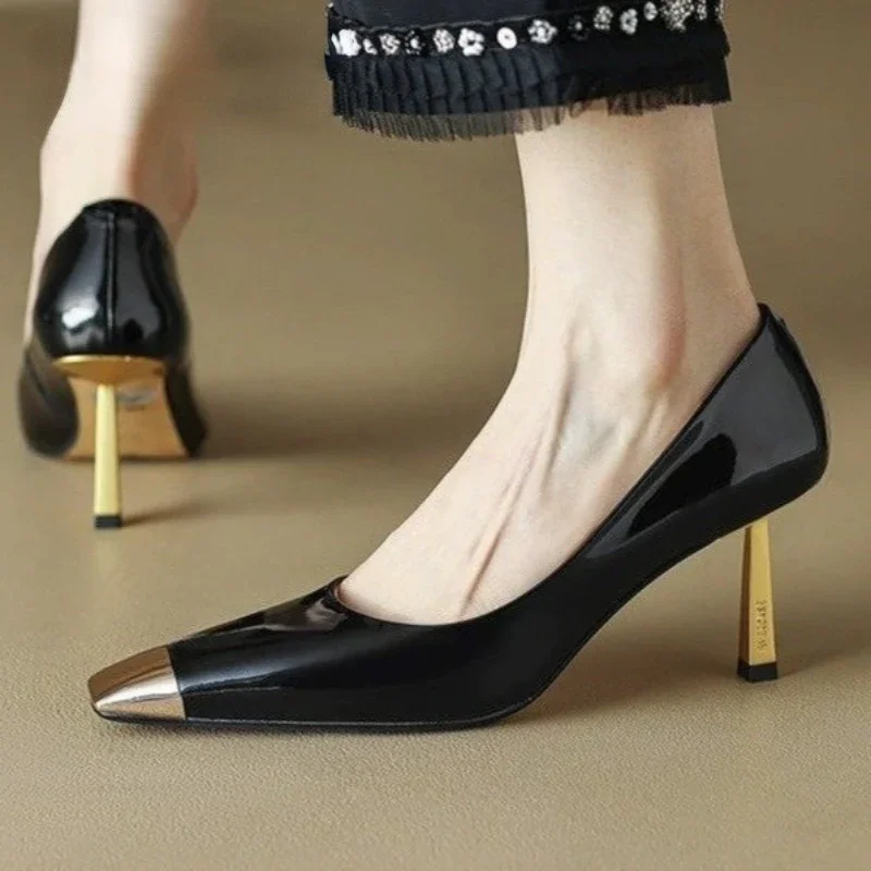 Women Metal Square Toe Pumps Shoes Ladies Fashion Shallow Slip on Elegant Thin High Heel Shoes Woman Office Footwear