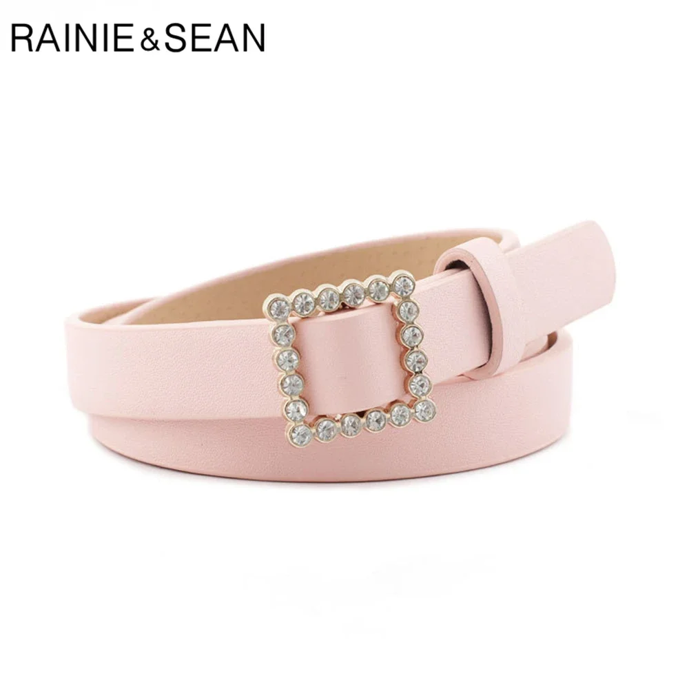 

RAINIE SEAN Women Belt Rhinestone Buckle No Holes Waist Belt Fashion Solid White Ladies Thin Trousers Belt Rhinestone 107cm