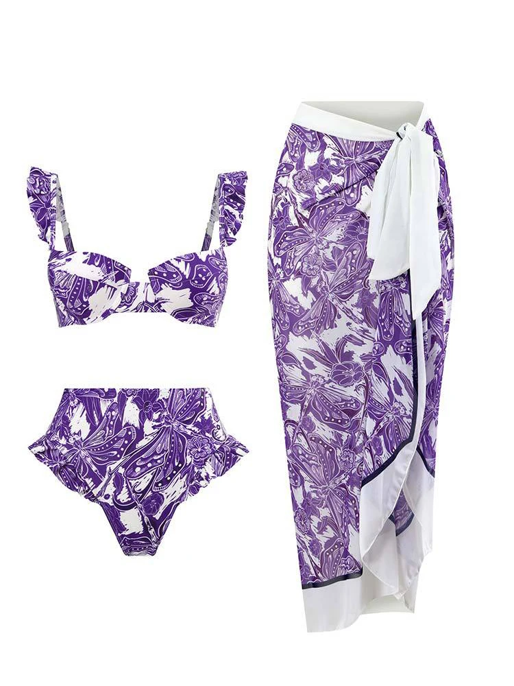 Biquíni feminino estampado de cintura alta, conjunto de maiô de duas peças, controle de barriga, borda plissada, maiô sexy para surfar, férias na