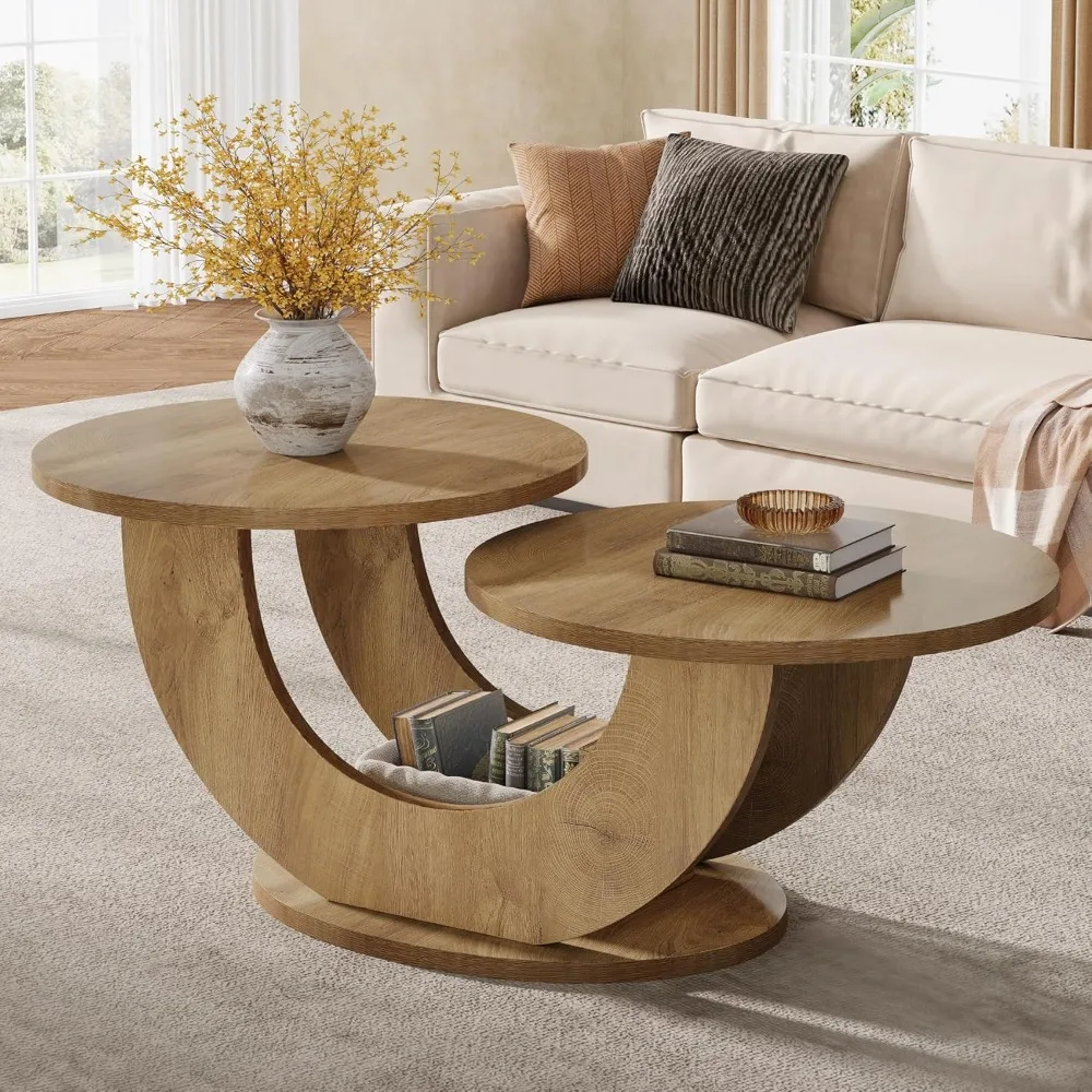 46-inch Round Coffee Table, Modern Living Room Coffee Table with Funky U-Shaped Frame, Low Accent Center Tea Table