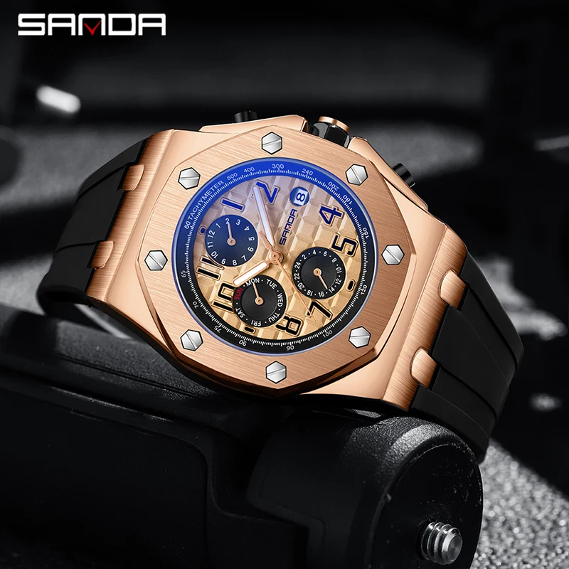 SANDA Casual Fashion Rose Gold Case Black Silicone Automatic Mechanical Watch For Men 30M Waterproof Clock Gift Reloj Hombre