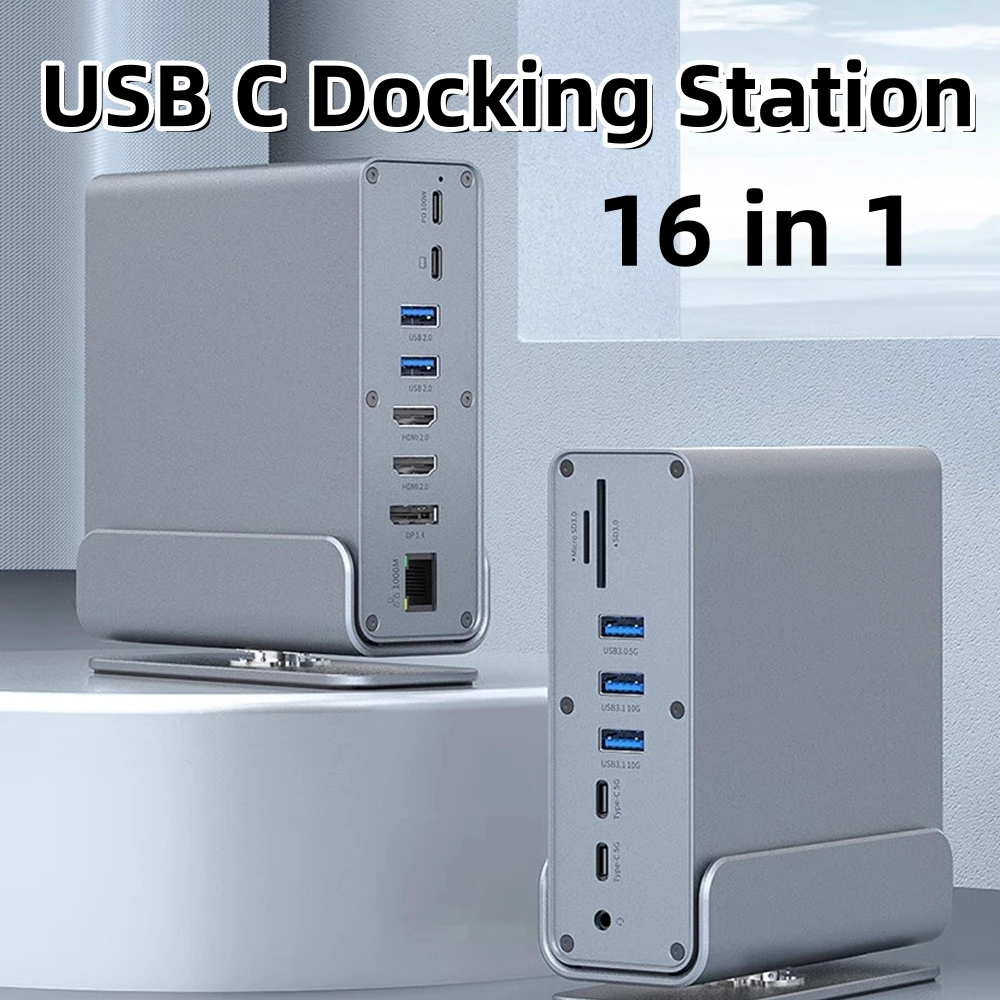 

16 in 1 USB C Docking Station Hub DP + Dual HDMI-compatible Adapter USB 3.0 10Gbps Splitter 4K60Hz/RJ45 1000M/PD100W/Card Reader