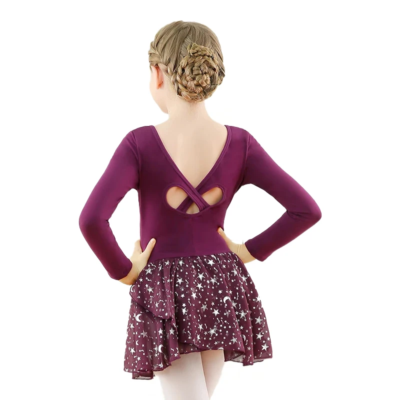 Collant de balé infantil para meninas, vestidos de dança de manga comprida, oco, cruzado, saia brilhante para performance de dança