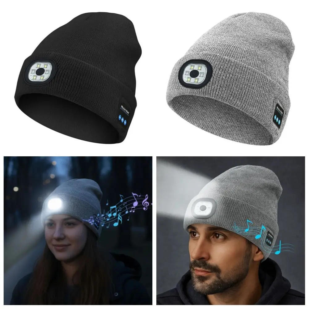 

Unique With Light Bluetooth Beanie Hat Headphones Speaker Mic Wireless Headphones Removable Rechargeable LED Light Cap Fishing