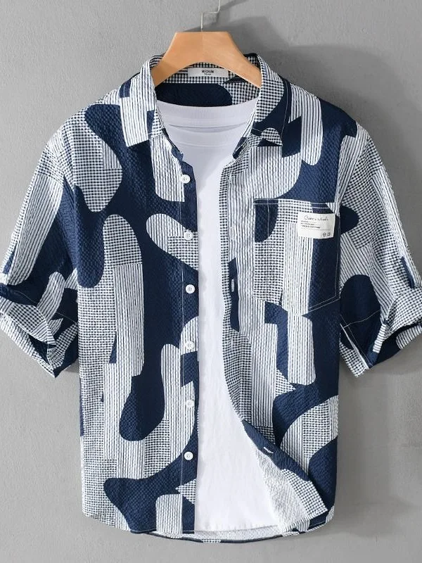 Summer Men's Ice Silk Short Sleeve Shirt Comfortable Bubble Texture Patchwork Color Trendy Bubble Blend Casual Fashion