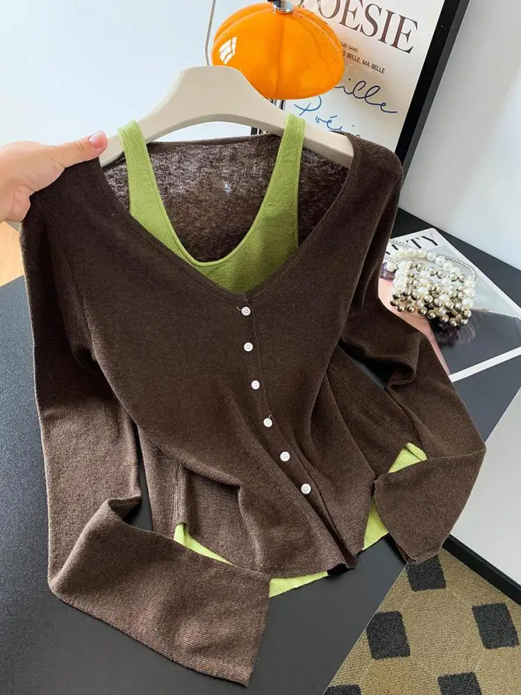 

Autumn Winter Brown Patchwork V-neck Hollow Out Cardigans Sweaters Women Long Sleeve Single Breasted Knitted Tops Popular Trendy