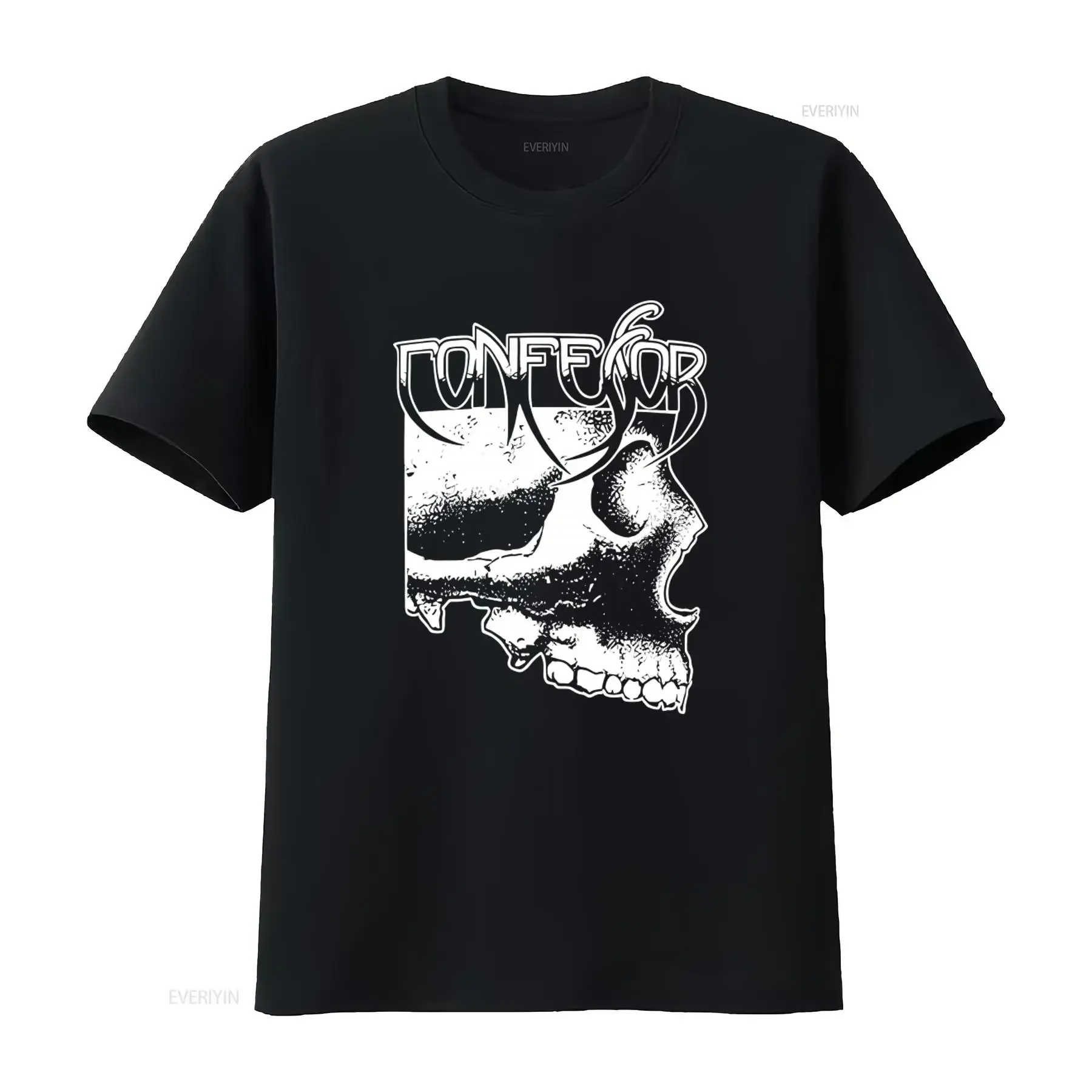 CONFESSOR CONDEMNED Black Skull Print T Shirt Front Back Design Medium vintage Washed Unisex Casual homme Versatile streetwear