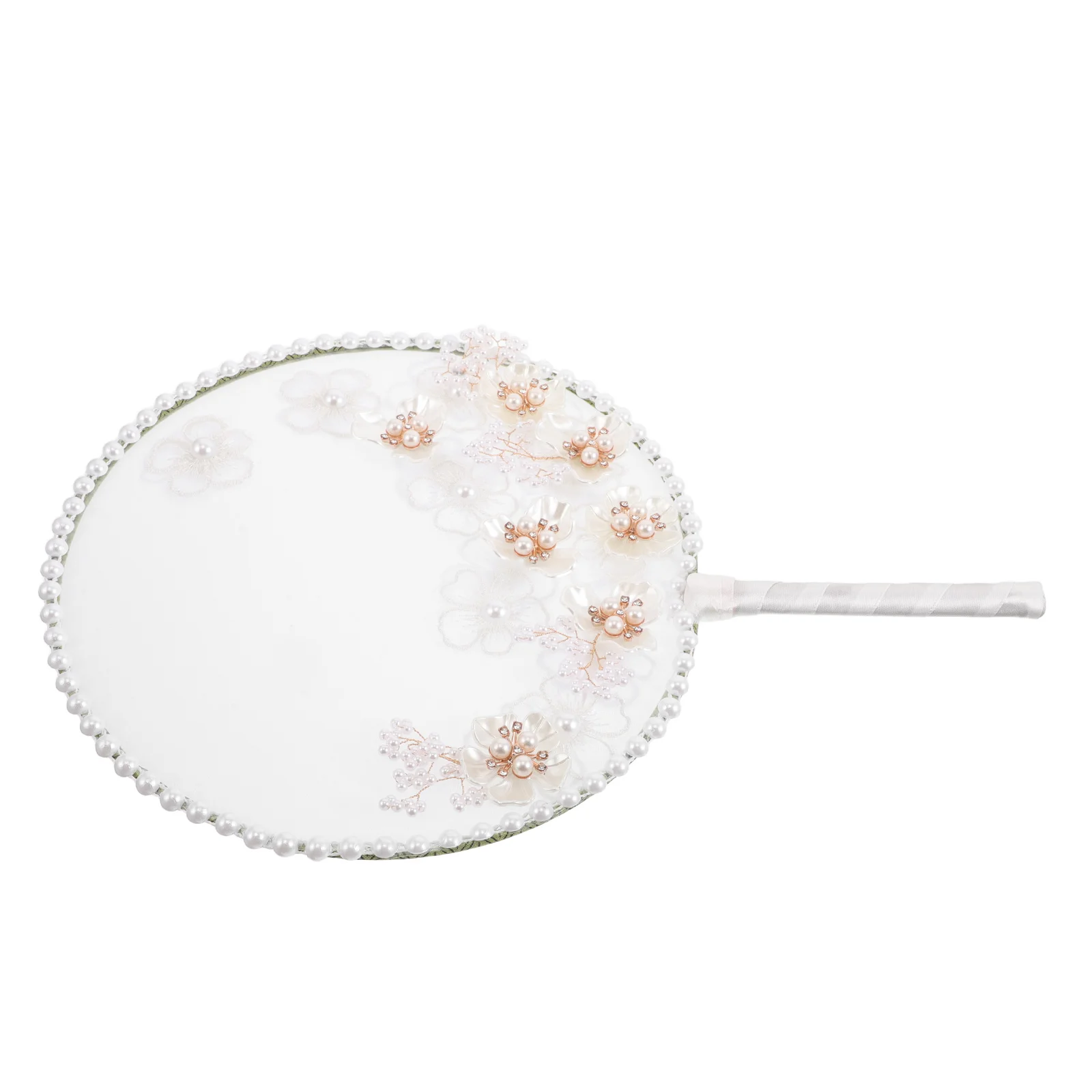 

Elegant Embroidery Circular Fan Chinese Round Hand Fan Paddle Decorative Pearl Flower Summer Wedding Home Decor For Women