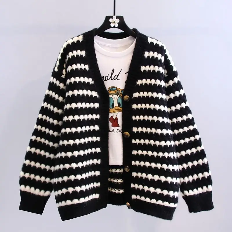 Women Vintage Striped Harajuku Streetwear Oversized Knitted Sweater Coat Autumn Winter Casual V-neck Long Sleeve Button Cardigan