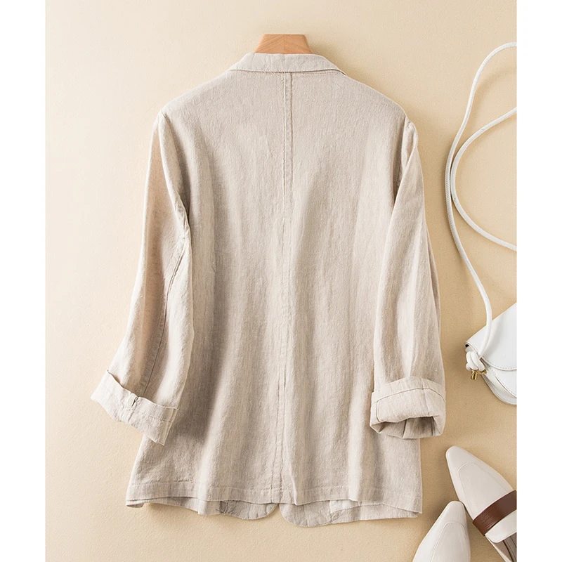 코튼 린넨 블레이저 탑 여성 우아한 자켓 가을 긴 소매 턴 다운 넥 솔리드 오버 사이즈 코트 빈티지