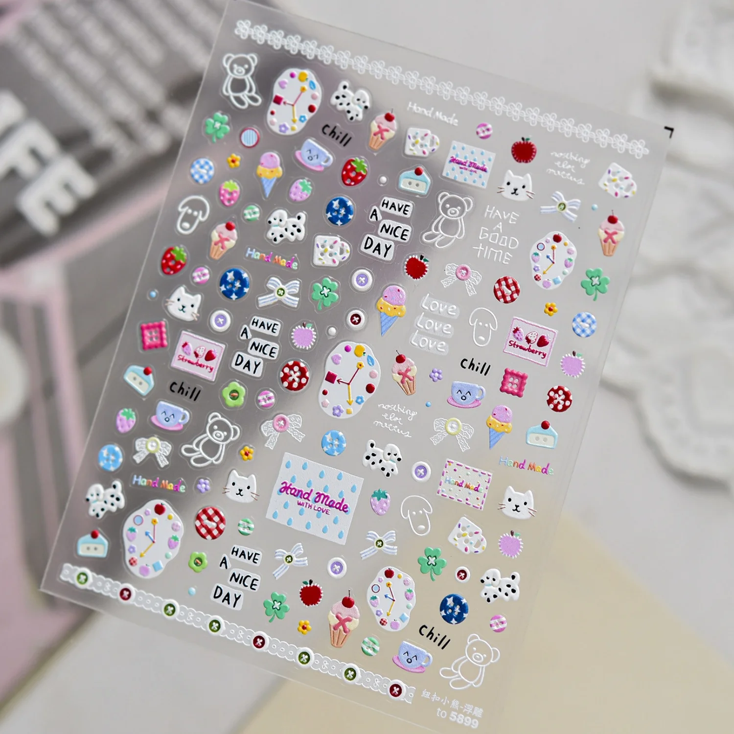 Dessert Button 5D Nail Stickers Retro Bear Watch Dial Strawberry Ice Cream Clover Cat Plaid Block Self Adhesive Vintage Decor