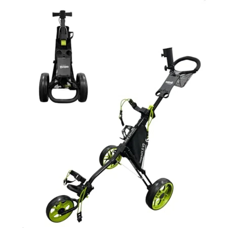 

Golf push cart for outdoor use, lightweight aluminum frame, black and gray color, quad-fold design with EVA wheels, adjustable